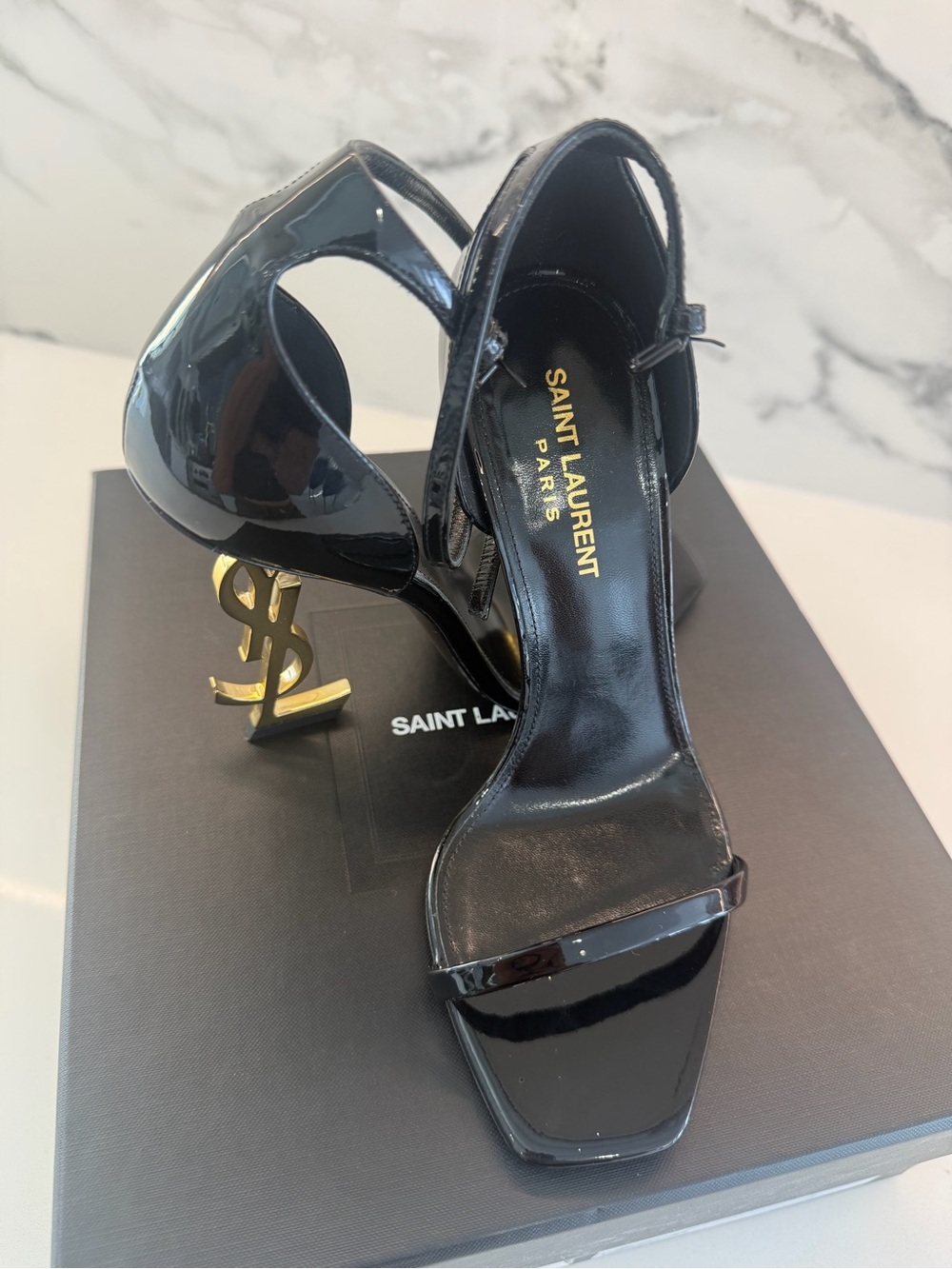 Saint Laurent Black Patent Leather YSL Logo Heel Sandals
